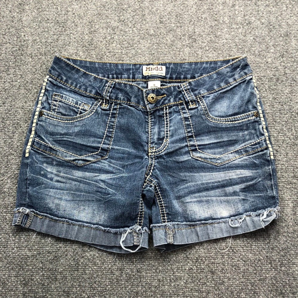 Mudd Womens Denim Shorts Size 9 Blue Medium Wash Y2K Contrast Stitch Frayed Hem
